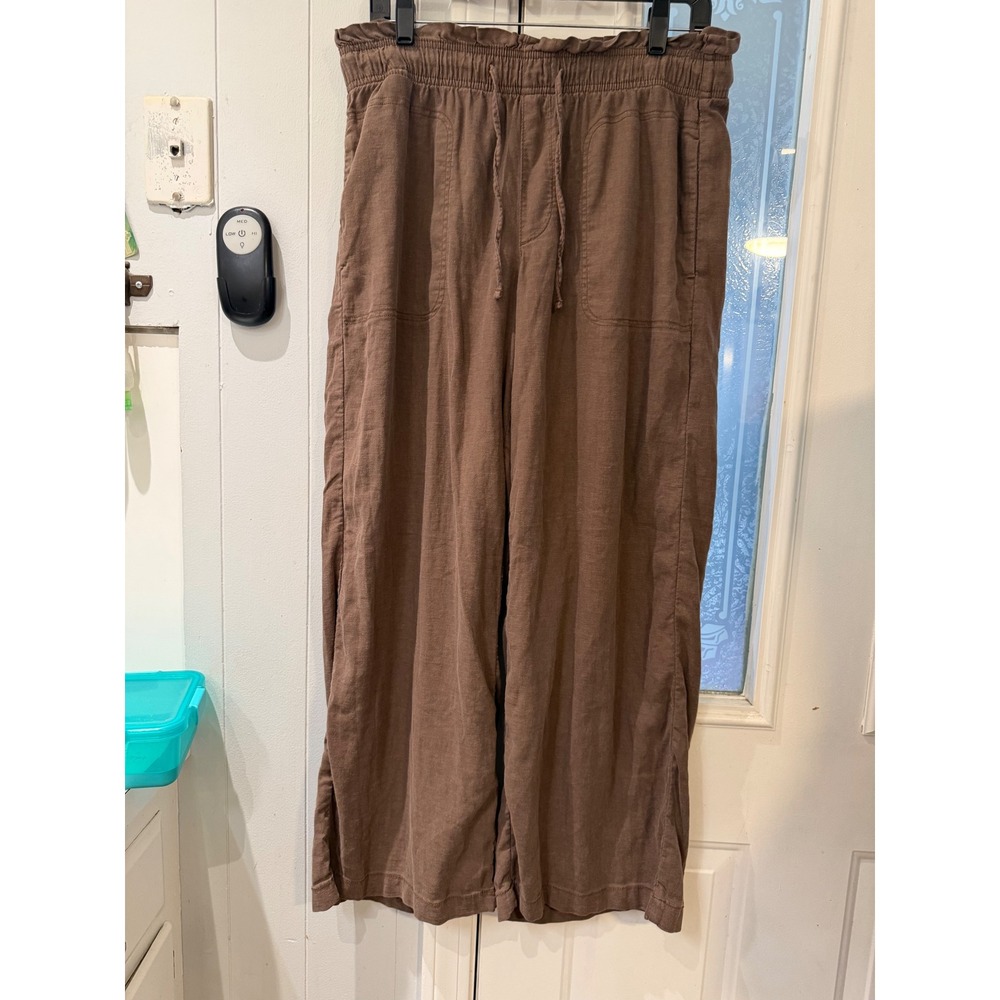 Brown Wide Leg Paperbag Waist Drawstring Casual Lounge Pants with Pockets